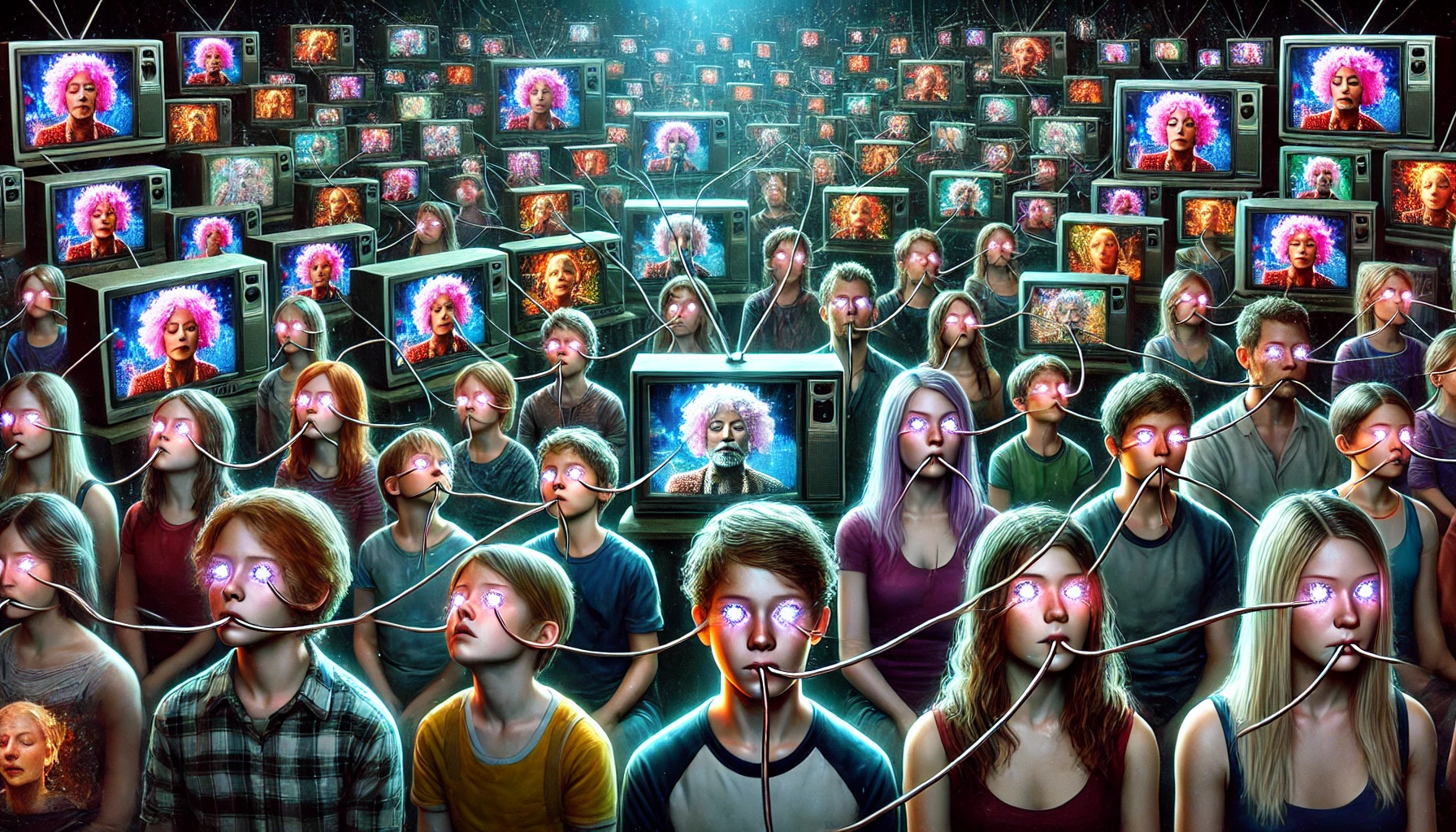 DALL·E 2024-07-01 15.20.34 - A highly detailed, realistic image depicting mind manipulation by media on a very large and diverse crowd of real people, including kids, teenagers, a